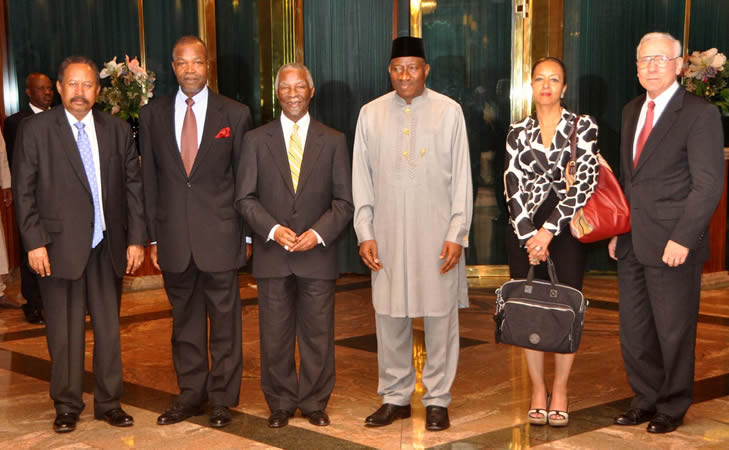 From left: Deputy Executive Secretary, Economic Commission For Africa, Mr Abdalla Hamdok; Chairman, Nigerian Bottling Company Ltd, Mr Segun Apata; Former President of South Africa, Mr Thabo Mbeki; President Goodluck Jonathan; panel member, World Bank Inspection Panel, Zeinab Elbakri And Director, Global Financial Integrity, Mr Raymond Baker, after a high level panel meeting on illicit financial flow in Africa at the Presidential Villa in Abuja on Monday.