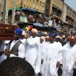 Lagos State Governor, Mr. Babatunde Fashola SAN (4th right), representative of the President and Minister of Sports, Mallam Bolaji   Abdullahi (2nd right), Ekiti State Governor, Dr Kayode Fayemi (right) and his Ogun State counterpart, Senator Ibikunle Amosun (3rd right) during the funeral Service for Pa Ibrahim Ademola Bayo Fashola at the Lagos Central Mosque on Tuesday, August 6, 2013.
