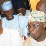 Former military president, Gen. Ibrahim Babangida; Chairman, PDP Board of Trustees (BoT), Chief Tony Anenih and former president, Chief Olusegun Obasanjo, after a meeting of the BoT with PDP faction leaders in Abuja on Friday.