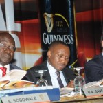 L-R: Chairman, Guinness Nigeria Plc, Babatunde Savage; Managing Director/CEO, Guinness Nigeria Plc, Seni Adetu and Vice Chairman, Guinness Nigeria Plc, Nick Blazquez during the 63rd Annual General Meeting of Guinness Nigeria Plc, held in Benin City, November 15