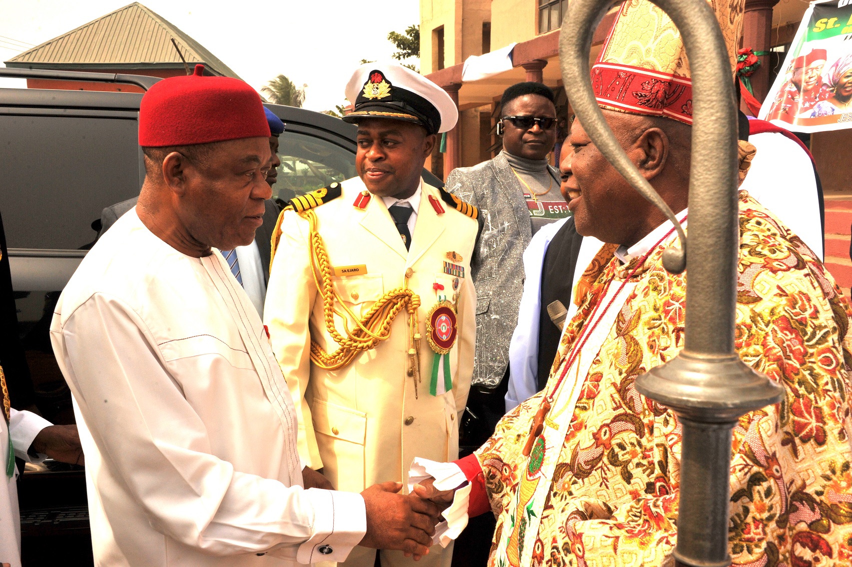 Governor Theodore Orji of Abia State being received on arrival by Most Rev. Ikechi Nwosu, Archbishop of Abia Ecclesiastical Province and Bishop of Umuahia Dioceses for the service to mark the 2015 Armed Forces Remembrance Day Celebration at St. Mary’s Anglican Church, Ohokobe Ndume, Umuahia…on Sunday