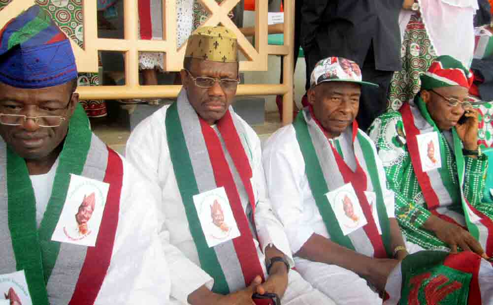 From left: Former Police Affairs Minister, Navy Captain Caleb Olubolade; former Ekiti State deputy governor, Chief Bisi Ayeni; former Ambassador to Mozambique, Ambassador Toye Olofintuyi and former Ekiti State deputy governor, Chief Abiodun Aluko, at the PDP presidential campaign rally in Ado-Ekiti, Ekiti State…on Tuesday