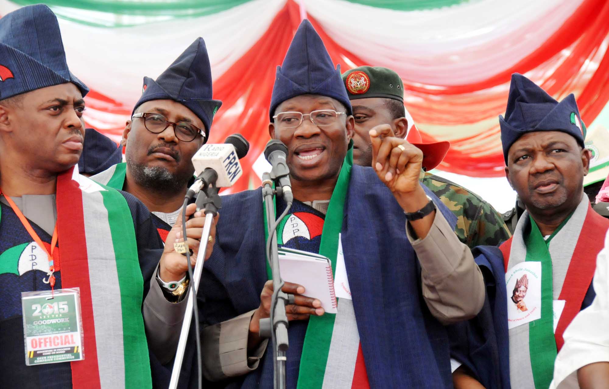 From left: Director of Media, PDP Presidential Campaign Organisation, Mr. Femi Fani-Kayode; PDP National Chairman, Alhaji Adamu Muazu; President Goodluck Jonathan and Vice President Namadi Sambo at the presidential campaign in Osogbo, Osun State…on Tuesday.