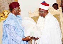 President Goodluck Jonathan receiving a souvenir from the Shehu of Borno, Alhaji Abubarka Ibn-Elkanemi, during the visit of PDP presidential campaign organisation to the palace in Maiduguri…on Saturday