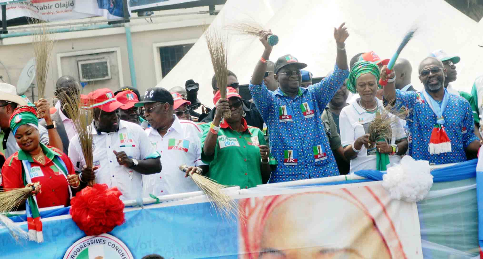 L-R: Lagos State Deputy Governor, Mrs. Adejoke Orelope-Adefulire; governorship candidate, Mr. Akinwumi Ambode; APC Chairman, Chief Henry Ajomale; Mrs. Abimbola Fashola; Governor Babatunde Fashola; APC Lagos Central senatorial candidate, Senator Oluremi Tinubu and House of Representatives candidate for Surulere Federal Constituency 1, Mr. Femi Gbajabiamila, at the APC rally in Surulere, Lagos.