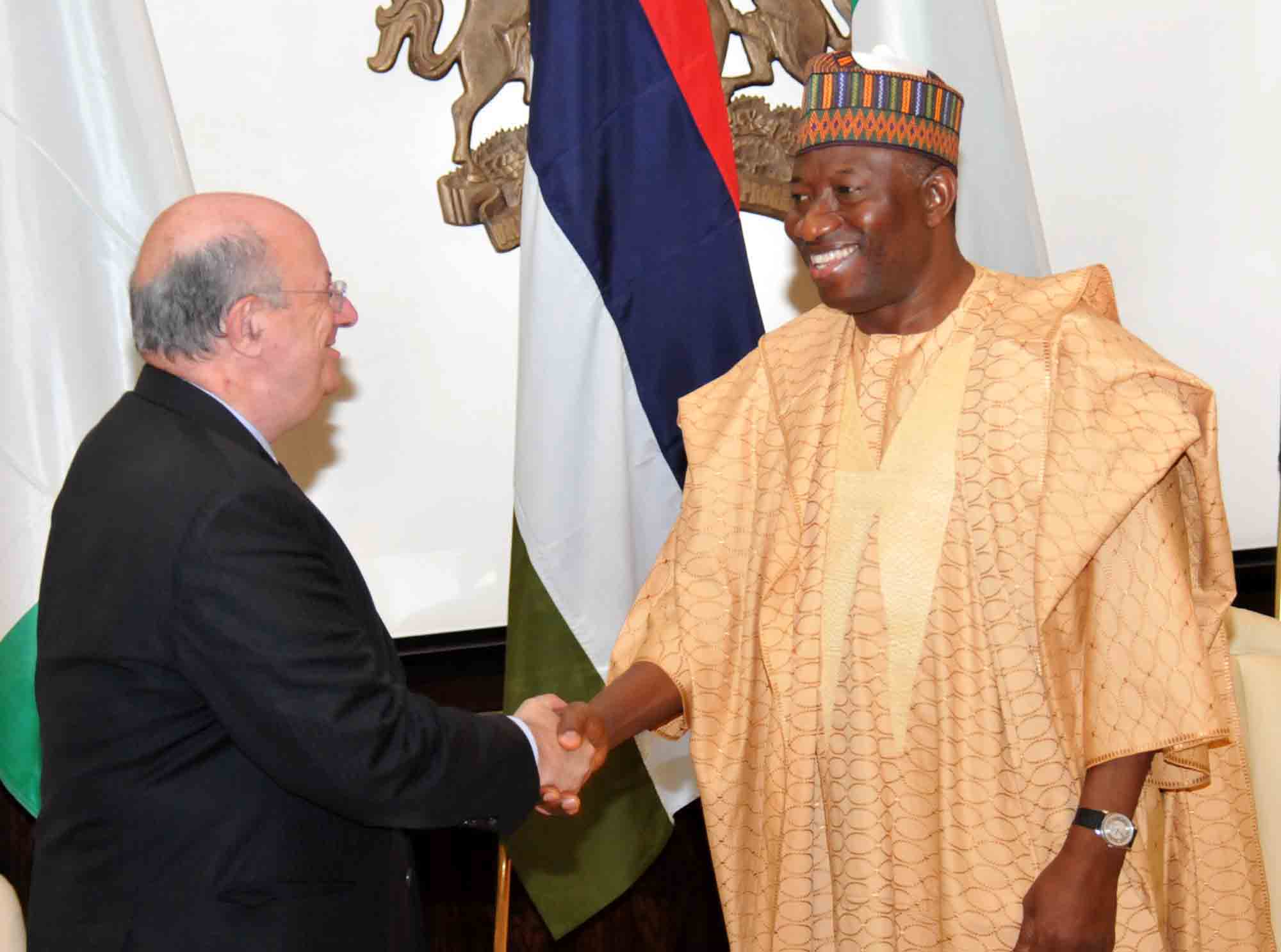 President Goodluck Jonathan (right) welcoming the Chief Observer, European Union Election Observation Mission, Mr. Santiago Fisas Ayxela, at the Presidential Villa, Abuja…on Monday