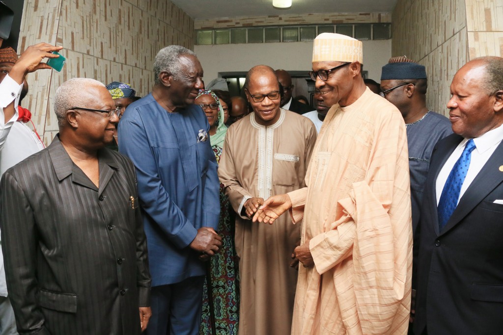 L-R: Former Liberian President, Mr Amos Sawyer; former Ghanaian President, Mr. John Kufuor; Muhammad Ibn Chambas, president-elect, Major-General Muhammadu Buhari; Bukili Mukuzi and others during a visit by the delegation of African Union and ECOWAS to Buhari in Abuja.