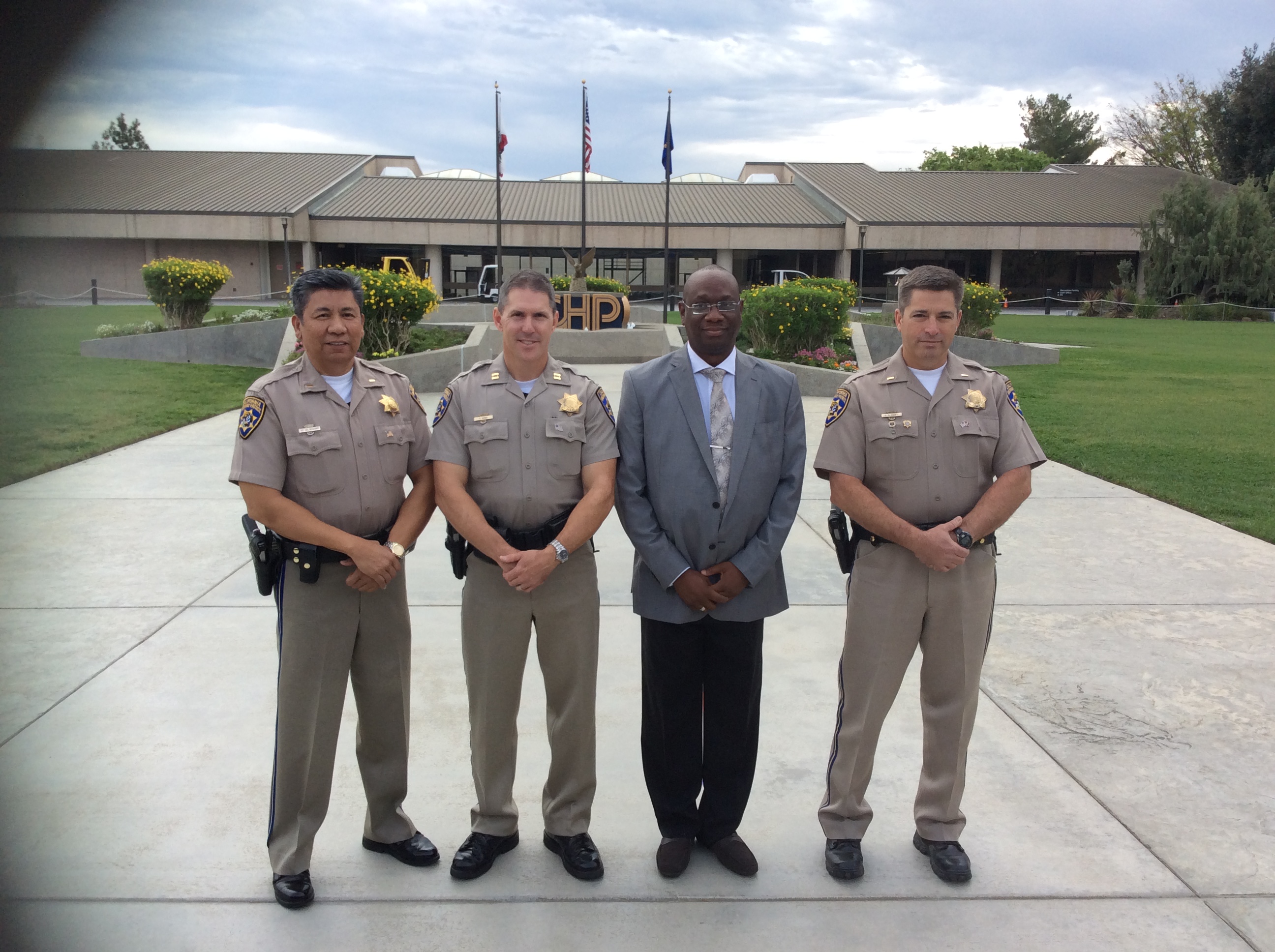 L-R: Lt. Rowell  Rasario of California Highway Patrol Academy; Lt. Dell Swift, also of California Highway Patrol; Boboye Oyeyemi, Corps Marshal and Chief Executive, Federal  Road Safety Corps (FRSC) and Captain Chuck King, Commander of California Highway Patrol Academy during the inauguration of the third batch of FRSC officers undergoing World Bank sponsored training at California Highway  Patrol Academy, Sacramento.