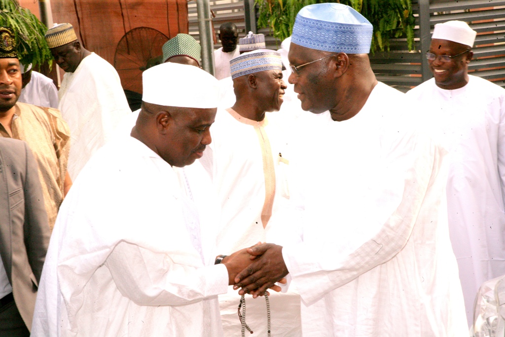Former Vice President Atiku Abubakar (right) and Speaker of the House of Representatives, Aminu Tambuwal, during the Speaker’s courtesy visit to the former in Abuja.