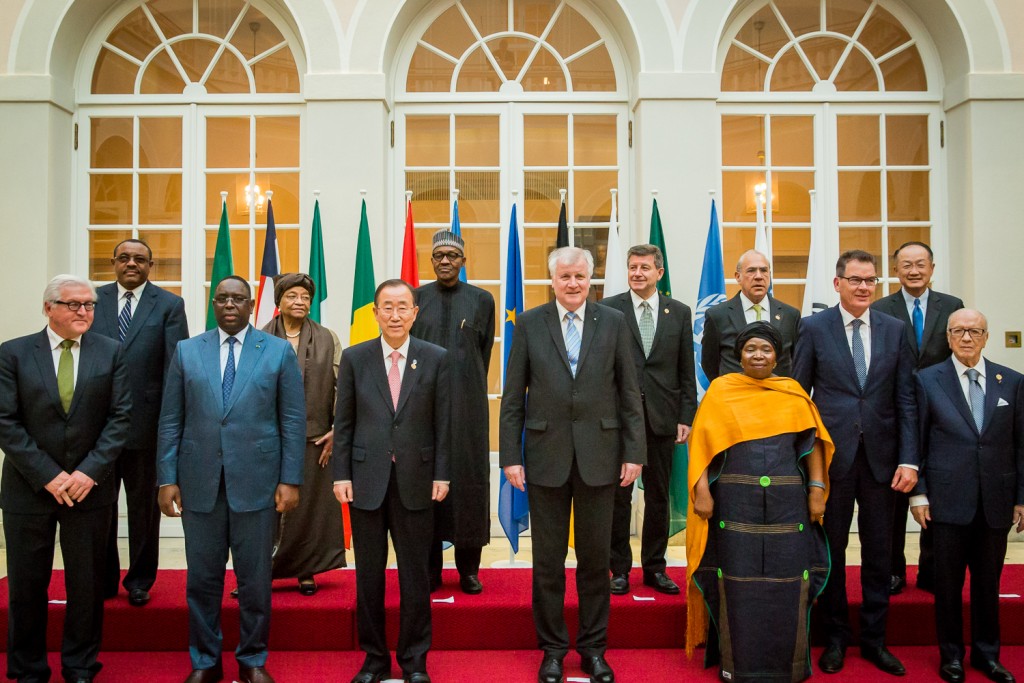 With him are Prime Minister Haile Mariam Desalgn of Ethiopia, President Macky Sall of Senegal, President Ellen Sirleaf of Liberia, Secretary-General of the UN, Mr. Ban ki Moon, Minister-President of the State of Bavaria, Mr Horst Seehofer, Chairperson AU commission, Mrs Nkosazana Dlamini Zuma, President of World Bank, Dr. Jim Yong Kim and others.