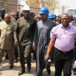 Ajaokuta 1
L-R: The Sole Administrator, Ajaokuta Steel  Company, Engr Isah Onobere; Minister of Solid Minerals Development, Dr Kayode Fayemi; and  Minister of State for Solid Minerals, Hon Abubakar Bwar, being conducted round the complex by officials during the ministers inspection of facilities at the steel company in Ajaokuta, Kogi Stateon Monday