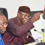 SOLID MINERALS 1-5
L-R: Permanent Secretary, Ministry of  Solid  Minerals Development , Mr. Istifanus Fukur; Minister of Solid  Minerals Development, Dr. Kayode Fayemi; and Minister of State, Hon. Abubakar Bwari ; during the inaugural press briefing by the minister  in Abuja... on Monday.