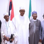 PRESIDENT BUHARI HOST STATEHOUSE PRESS CORP 4B. R-L; Chairman State House Press Corps, Mr Kehinde Amodu, Minister of Information, Alhaji Lai Mohammed, President Muhammadu Buhari, Oldest Photojournalist of Triumph Newspapers in the State House, Alhaji  Ladan Abubakar and SSAP Mallam Garba Shehu after President had lunch with State House Correspondents at the Presidential Villa in Abuja. PHOTO; SUNDAY AGHAEZE. MAY 30 2016