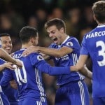 Chelsea's Eden Hazard, third left, and Chelsea's Cesar Azpilicueta, second right, celebrates scoring a goal during the English Premier League soccer match between Chelsea and Everton at Stamford Bridge stadium in London, Saturday, Nov. 5, 2016. (AP Photo/Kirsty Wigglesworth)