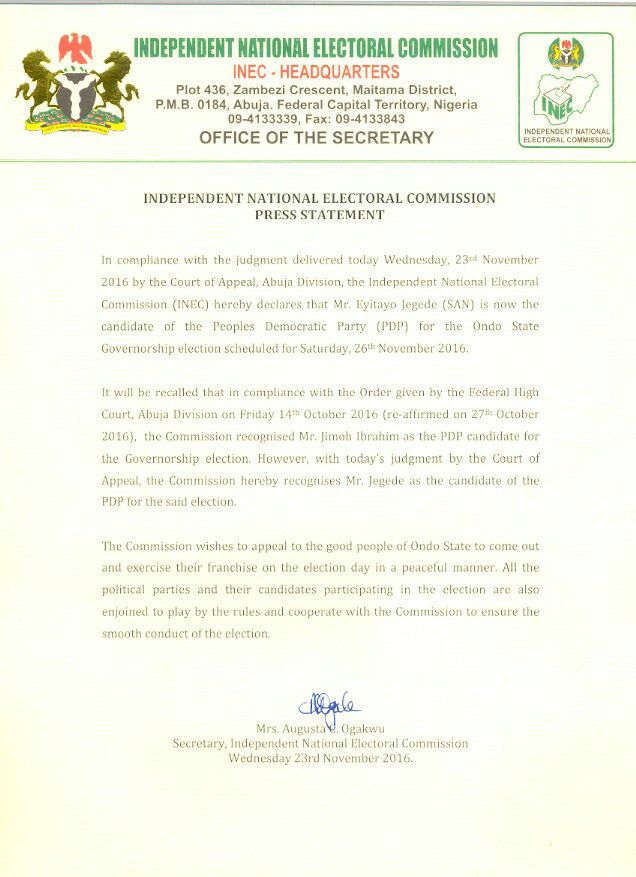 Ondo guber poll: INEC replaces Jimoh Ibrahim with Eyitayo Jegede