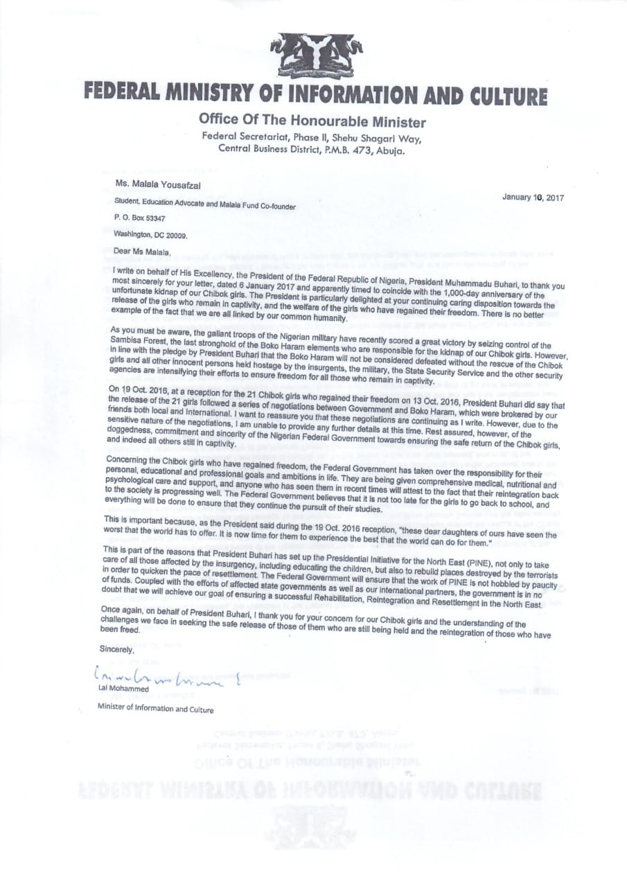 Buhari to Malala: FG working to secure release of Chibok girls still in captivity