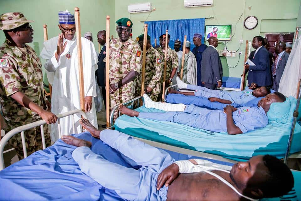 Buhari visits injured soldiers in Maiduguri, urges Army to maintain loyalty, defend country