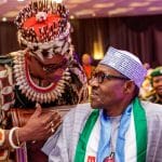 Buhari greets Igwe Omeluenyi at 'Together Nigeria' event