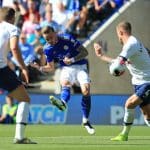 Leicester City's English midfielder James Maddison (C) shoots past Tottenham Hotspur's Belgian defender Toby Alderweireld (R) but fails to score during the English Premier League football match between Leicester City and Tottenham Hotspur at King Power Stadium in Leicester, central England on September 21, 2019. (Photo by Lindsey Parnaby / AFP) / RESTRICTED TO EDITORIAL USE. No use with unauthorized audio, video, data, fixture lists, club/league logos or 'live' services. Online in-match use limited to 120 images. An additional 40 images may be used in extra time. No video emulation. Social media in-match use limited to 120 images. An additional 40 images may be used in extra time. No use in betting publications, games or single club/league/player publications. /