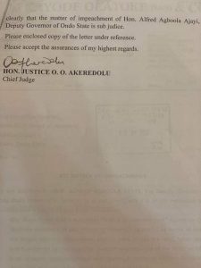 Impeachment: Ondo Chief Judge defends Constitution,  rejects request by 14 lawmakers to set up panel against Ajayi 