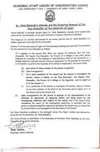 ASUU, SSANU, NASU, NATTS: Ogundipe remains UNILAG VC, say 'we are surprised  a council constituted by law and chaired by SAN could violently, lawlessly violate the law'