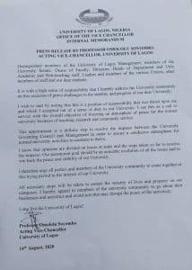 Acting VC to UNILAG community: Our paramount goal should be an amicable resolution of all issues