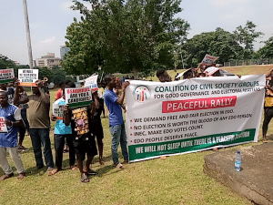 Edo guber: Protesters seek international protection, decry Oshiomhole's penchant for violence