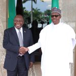 PRESIDENT BUHARI RECEIVES SA PRESIDENT RAMAPHOSA 2A.  R-L; President Muhammadu Buhari receives the President of South Africa, Mr Cyril Ramaphosa during an audience at the State House Abuja. PHOTO; SUNDAY AGHAEZE. JULY 11 2018.