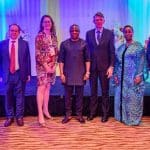 L-R: Chief Executive, Brevity Anderson, James Shindi; Ambassador of Spain to Nigeria, Juan  Sell; Ambassador of Germany to Nigeria, Annett Gunther; Permanent Secretary, Ministry of Petroleum, Federal Republic of Nigeria, Ambassador Gabriel Aduda; General Manager, Commercial, Shell Nigeria, Hans Nijkamp; Manager, Business Value and Regulation, Olufunto Annam; Chairman, Brevity Anderson, Olatunde Akoni… at the 6th Nigeria International Economic Summit (NIES) during the Ministers and Head of Delegation dinner sponsored by Shell Nigeria.