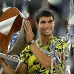 Tennis - Madrid Open - Park Manzanares, Madrid, Spain - May 7, 2023 Spain's Carlos Alcaraz celebrates with the trophy after winning his final match against Germany's Jan-Lennard Struff REUTERS/Juan Medina