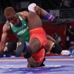 USA's Tamyra Mariama Mensah-Stock (red) wrestles Nigeria's Blessing Oborududu in their women's freestyle 68kg wrestling final match during the Tokyo 2020 Olympic Games at the Makuhari Messe in Tokyo on August 3, 2021. (Photo by Jack GUEZ / AFP) (Photo by JACK GUEZ/AFP via Getty Images)