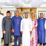 L-R: Bashir Abubakar Audu; Arome Abubakar Audu; Shaibu Abubakar Audu (Kogi minister-designate); Governor Yahaya Bello of Kogi State; Barrister Maimunat Abubakar Audu; Kabir Abubakar Audu and Ilemona Abubakar Audu, during a thank you visit to Governor Bello, in Abuja ... on Sunday.