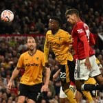 Soccer Football - Premier League - Manchester United v Wolverhampton Wanderers - Old Trafford, Manchester, Britain - August 14, 2023 Manchester United's Raphael Varane scores their first goal REUTERS/Dylan Martinez