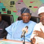 L-R: Arc Lateef Bakare, Director, AEC Unity Network Ltd Consortium; Chief Kenny Martins, Chairman, AEC Network Limited Consortium and Dr Dave Umahi, Minister of Works, during conference.