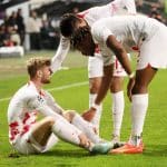 Donezk - RB Leipzig / 02.11.2022 Warschau, Polen, 02.11.2022, Wojska Polskiego Stadion, Fussball, UEFA Champions League, Gruppe F, 6. Spieltag , Shakhtar Donezk UKR vs. RB Leipzig GER 0:4 0:1 , Im Bild: Timo Werner 11, RBL musste verletzt ausscheiden. bei ihm Dominik Szoboszlai 17, RB Leipzig, Mohamed Simakan 2, RB Leipzig. , UEFA regulations prohibit any use of photographs as image sequences and/or quasi-video , *** Donetsk RB Leipzig 02 11 2022 Warsaw, Poland, 02 11 2022, Wojska Polskiego Stadium, Football, UEFA Champions League, Group F, Matchday 6 , Shakhtar Donetsk UKR vs RB Leipzig GER 0 4 0 1 , In the picture Timo Werner 11, RBL had to retire injured with him Dominik Szoboszlai 17, RB Leipzig , Mohamed Simakan 2, RB Leipzig , UEFA regulations prohibit any use of photographs as image sequences and or quasi video , Picture Point