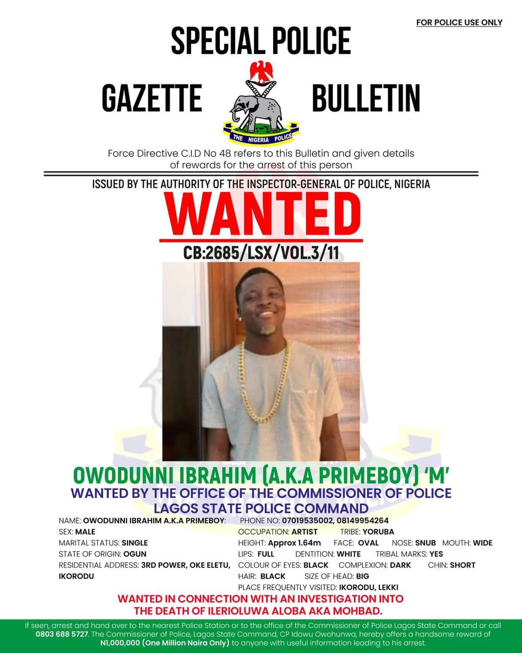 Mohbad: Lagos Police declare Primeboy wanted, offer N1m bounty