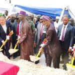 L-R: Emir of Nasarawa, His royal Highness Ibrahim Usman Jibrin; Ganfeng Staff, HE. Executive Governor of Nasarawa State, EngrAbdullahi Sule, Hon Minister for Solid Minerals Devpt, Dr Oladele Alake & Permanent Secretary, Dr. Mary Ogbe, performing the act of groundbreaking ceremony of the Lithium Battery Processing Energy Factory.