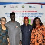 DG NEMA, Mustapha Habib Ahmed (middle) flanked by participants at the Disaster Risk Reduction Strategy workshop in November