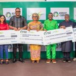 L-R: Trustee, Worship for Change Foundation, Gboyega Aboderin; Founder, Joy in Africa Foundation, Asaba, Joy Okonjor; her Husband, Henry Okonjor, Founder, To Omo Re Centre for Special Empowerment, Sam Ajayi;  Chief Responsibility Officer, The Let Cerebral Palsy Kids Learn Foundation, Tobiloba Ajayi; Founder and Chief Responsibility Officer, Worship for Change, Wale Adenuga; and President, The Seedoo Initiative for Children with Special Needs, Kawan Aondofa-Anjira; during the presentation of cheques totaling N33m to 4 Foundations catering for special needs by Worship for Change Foundation in Lagos...on Tuesday.