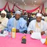 The representative of the Emir of Daura HRH Umar Faruq Dan Umar, a former Executive Vice Chairman and Chief Executive of the National Agency for Science and Engineering Infrastructure (NASENI), Prof. Mohammad Sani Haruna and the Rector of the Federal Polytechnic, Daura Prof. Aliyu Mamman during the maiden convocation of the  polytechnic on Friday in Daura.