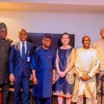 L-R: President General, Maritime Workers’ Union of Nigeria (MWUN), Comrade Adewale Adeyanju; Executive Director Operations,Nigerian Maritime Administration and Safety Agency, NIMASA, Engr. Fatai Adeyemi; Director General, NIMASA, Dr Bashir Jamoh, OFR; Honourable Minister of Marine and Blue Economy, Adegboyega Oyetola, CON; Head of the International Transport Workers Federation (ITF) Seafarers Trust, Katie Higginbottom; ITF’s Francophone Coordinator, Bayla Sow; ITF Seafarers’ Trust, Grant Manager, Luca Tommasi and Executive Director, Maritime Labour and Cabotage Services, NIMASA, Jibril Abba during a meeting with the  Minister in Lagos.