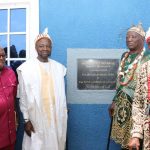 L-R: The Chancellor Havilla University Nde Ikom Hon. Ayuk Jones Ojong Tangban, a former Executive Chairman/ Chief Executive of the National Agency for Science and Engineering Infrastructure (NASENI), Prof. Mohammed Sani Haruna, the Paramount Ruler of Ikom, HRH Minen Takon Atangba, and HRH Engr. Nton Bassey Nsan - Nton Aton of Nde Clan at the commissioning of a boulevard in honour of the Emir of Lafia, Justice Sidi Bage Muh’d in Nde Ikom, Cross River State