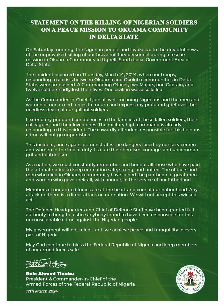 Tinubu: I have granted full authority to  Defence Headquarters, CDS to bring killers of military personnel to justice