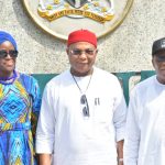 L-R:  Deputy Governor of Imo State, Lady Chinyere Ekomaru, Governor Hope Uzodimma of Imo State and Minister of Niger Delta Development, Engr. Abubakar Momoh, when the minister and his team paid a working visit to  Uzodimma at the Government House Owerri...Tuesday.