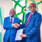 R-L: The Ag. Director General/Executive Director Finance & Administration of the Nigerian Maritime Administration and Safety Agency (NIMASA) Mr. Chudi Offodile, and the new Director General of Nigerian Maritime Administration and Safety Agency (NIMASA) Dr. Dayo Mobereola, during the handover ceremony at the Agency's Headquarters in Victoria Island, Lagos.