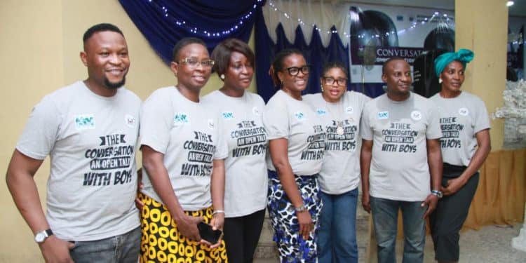 L:R Legal Adviser, International Visitor Leadership Program Alumni Association, Yusuf Lawan; Financial Secretary, Tosin Olowoyeye-Taiwo; Assistant Secretary, Ebunoluwa Yusuf; Secretary, Omobola Akingbehin; Public Relations Officer, Veronica Obende; Treasurer, Taiwo Adewole and Welfare Officer,  Vera Anyagafu, at The Conversation: An Open Talk With Boys, in commemoration of the International Day of the Boy Child, in Lagos... on Thursday. Photo credit: IVLPAAN