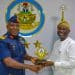 The Chief of Air Staff, Nigerian Air Force, NAF, Air Marshal Hassan Bala Abubakar (left) presenting a souvenir to the Director General, Nigerian Maritime Administration and Safety  Agency, NIMASA, Dr Dayo Mobereola during a courtesy visit by the NIMASA DG to the NAF headquarters in Abuja.