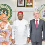 L-R: Honourary Counsellor, Embassy of Czech Republic in Nigeria, Dr. Dere Awosika; Governor Hope Uzodimma of Imo State and the Ambassador of Czech Republic in Nigeria, Mr. Zdenek Krejci, when the latter paid a working visit to the Governor at the Government House, Owerri...on Wednesday.