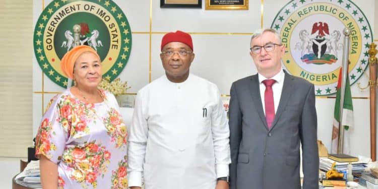 L-R: Honourary Counsellor, Embassy of Czech Republic in Nigeria, Dr. Dere Awosika; Governor Hope Uzodimma of Imo State and the Ambassador of Czech Republic in Nigeria, Mr. Zdenek Krejci, when the latter paid a working visit to the Governor at the Government House, Owerri...on Wednesday.