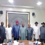L-R-: Technical Assistant to the PAP Administrator, Edgar Biu; Prof. Steve Azaiki; President of Ijaw National Congress, Prof. Benjamin Okaba; PAP Administrator, Dr Dennis Otuaro; Secretary of INC, Ebipamowei Wodu; Philip Agu (Treasurer; and Kennedy Odiowei (Financial Secretary) during a familiarisation visit by the INC to PAP Office in Abuja on Thursday, July 18, 2024.